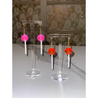 New Pink Red Sucker Lollipop Transluscent Clear Barbiecore Earrings Sterling