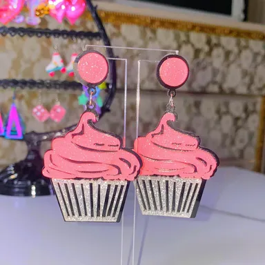New Pink Cupcake Dangle Sparkle Drop Earrings Kidcore Y2k Barbie Pastel Goth