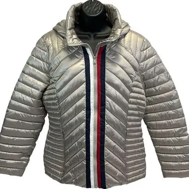 Tommy Hilfiger Womens Puffer Jacket X-Large Quilted Lightweight Packable Silver