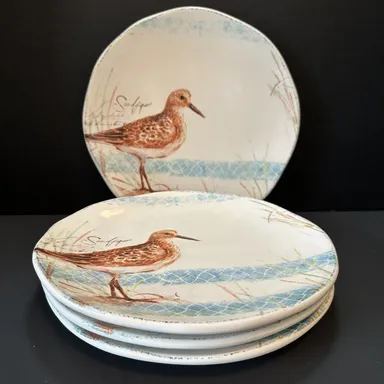 Pier 1 Sandpiper Dinner Plate set of 4 Brown Bird On White/Blue Coupe No Trim