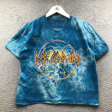 Def Leppard Cropped T-Shirt Women Large Short Sleeve Crew Neck Graphic Blue Gray