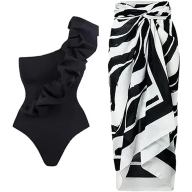 Black Ruffle 1 PC Tummy Control Swimsuit, Black, w/ Sheer Zebra Cover-Up, Small