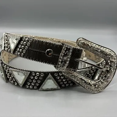 Nocona Leather Belt Black Bling Rhinestones Crystal Silver Tone 32-40 Mens Women