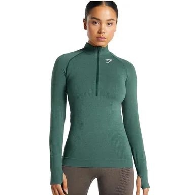 Gymshark Women's Size L Vital Seamless 2.0 1/2 Zip Pullover in Dark Green Marl