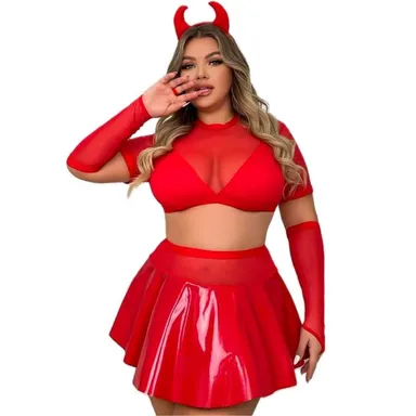 New 1XL 3 pc Red Devil Halloween Cosplay Costume Skirt Set Vegan Leather Latex