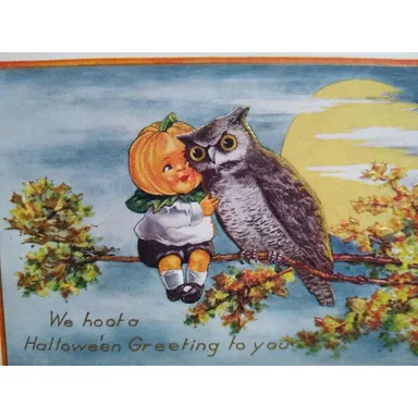 Fantasy Halloween Postcard Whitney Big Head Goblin Boy Owl Moon Antique Unused
