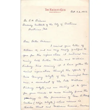 1932 Dr. L.H. Dielman Letter on The Racquet Club Washington DC Letterhead D18