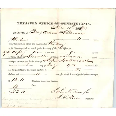 1830s Treasury Office of Pennsylvania Document John Nielson A.H. Mead D18