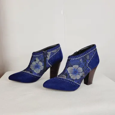 Ruby Shoo western blue floral embroidered stacked heel bootie