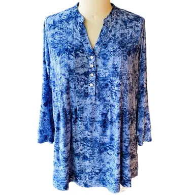 STUDIO WORKS Boho Blue Tie Dye Floral Bohemian Pullover Top ~ Plus Size 1X
