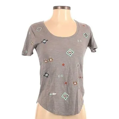 Lucky Brand Women's Gray Grey Tossed Floral Embroidered Tee Size Small