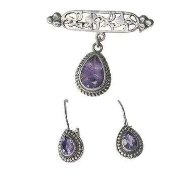 Fas .925 AMETHYST Sterling Silver Vintage Bar Pin Brooch and Matching Earrings S