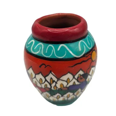 Vintage Mexico Hand Painted Folk Art Small Vase Colorful Pottery