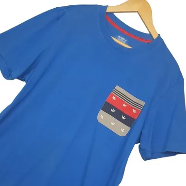 Adidas Men's Striped Pocket T-Shirt Large Trefoil Big White Logo on Back Blue