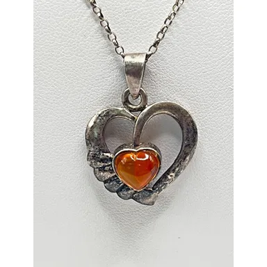 925 Sterling Silver Baltic Amber Heart Pendant Chain Necklace Vintage 7.33G 24"