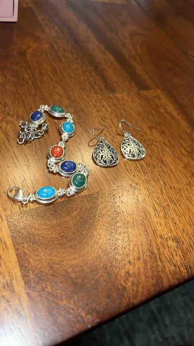 ￼RARE Sterling Silver Coleman Stamped Hallmark Vintage Gemstone Bracelet and Earrings 