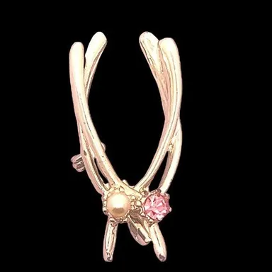 Double Whishbone Good Luck faux Pearl Pink Rhinestone Silver tone Vintage Brooch