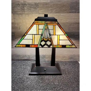 Mission Style Slag Stained Glass Dual Socket Lamp 20” x 16" x 10.5" Aztec Style