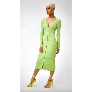LITA By Ciara Icon Rib V Neck Cardigan Button Front Midi Dress - Lime - size S