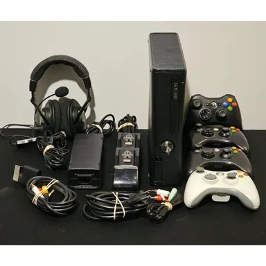 Xbox 360 S Slim 1439 Console w/ 4 Controllers, Headset, and Charging Station!