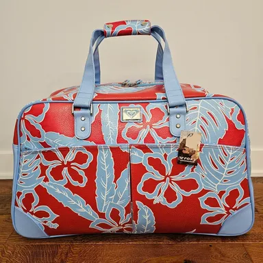 Y2K Roxy Suitcase Luggage Duffle Bag Roller Red Blue Floral 🌺Vintage!