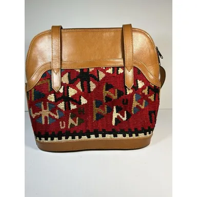 VTG Yun Art Turkey Leather Purse Handbag Southwestern Kilim Wool Aztec Brown Red