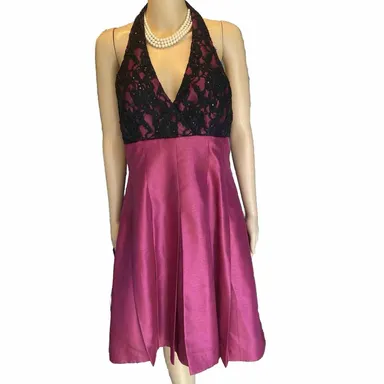 JS Boutique Halter Evening Wear Prom Party Dress Maroon Black Lace Women Sz 10