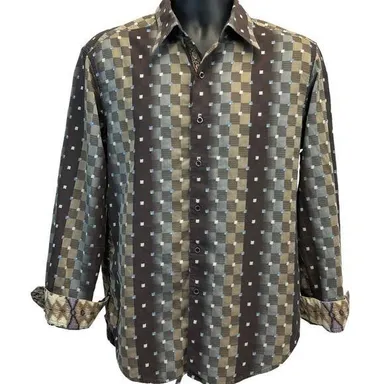 Robert Graham Button Front Shirt Medium Contrast Flip Cuffs Checkered Mens Brown