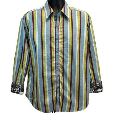 Robert Graham Button Front Shirt X-Large Contrast Flip Cuffs Striped Mens Blue