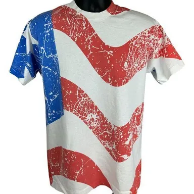 American Flag All Over Print Vintage T Shirt Large 90s AOP USA Made Mens White