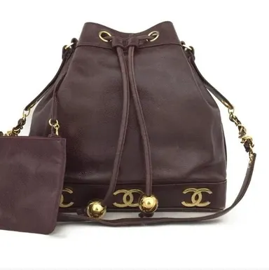 CHANEL Bordeaux Triple Coco CC Logo Caviar Skin Chain Drawstring Shoulder  Bag