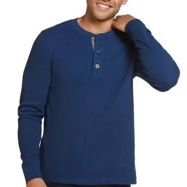 Jockey Men's Waffle Henley Top Blue Long Sleeve Cotton Blend Tee Shirt Size XLT
