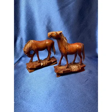 Pair of Small Hand Carved Ironwood Horse Figurines