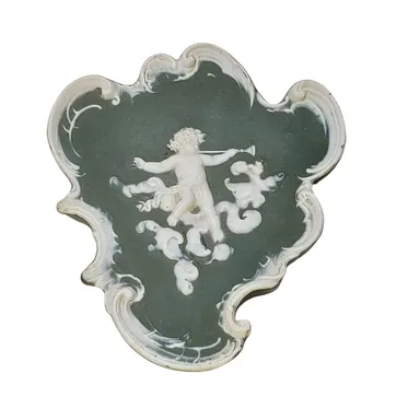 Antique Jasperware Plaque Baby Engraved Clouds White Cameo Green Decorative