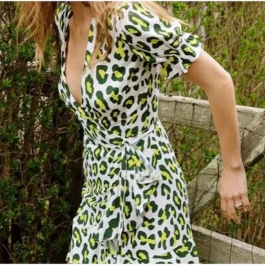 Diane Von Furstenburg Emilia Green White Leopard Animal Print Wrap Dress Small 
