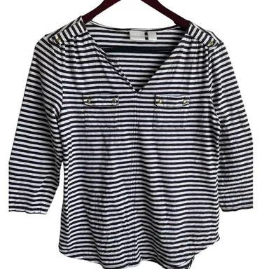 Chicos Women Cotton Top S Black White Stripe 3/4 Sleeve Pockets Casual Coastal