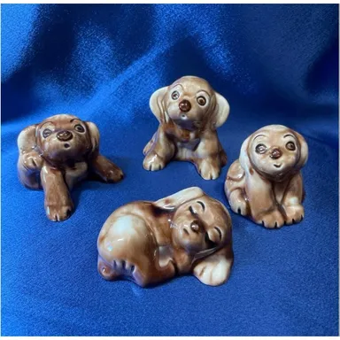 Four Handmade Ceramic Brown Puppies