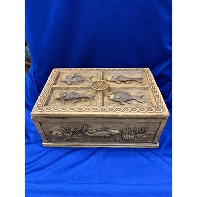 Heavy Vintage Wood Grain Resin Fish Ocean Design Jewelry Trinket Box