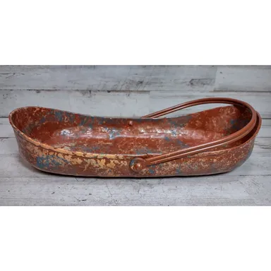 Vintage Metal Enamel Splatter Paint Canoe Shaped Handled Dish Basket Bowl