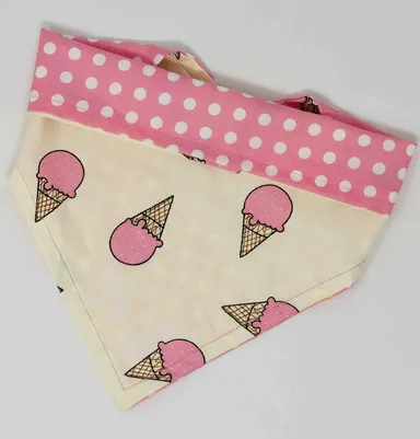Ice cream polka dots reversible dog bandana with snap closure pink