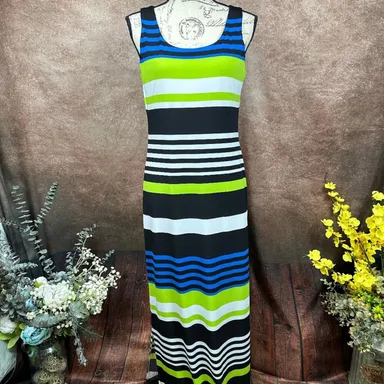 Jessica Howard Striped Maxi Dress - Lime Green/Black/Blue/White - size M