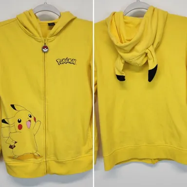 Pokemon Pikachu Yellow Full Zip Up Hoodie Ears Boys Large Ball Zipper Pull Nerdy