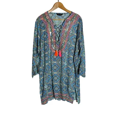 Charlie Paige : Embroidered Embellished Boho Summer Tunic Top w Tassels : L / XL