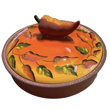 Tortilla Warmer Dish with Lid Clay Art Hand Painted Chili Fiesta Ceramic 9.75"