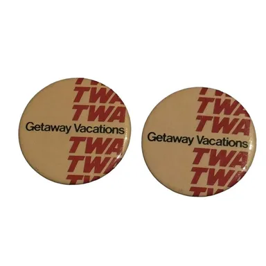 TWA Getaway Vacations Trans World Airlines VTG Pinback Button Pins (2) Airplane
