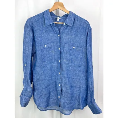 JOIE Lidelle Boyfriend Linen Button Down Top Roll Tab Long Sleeve Shirt Blue S