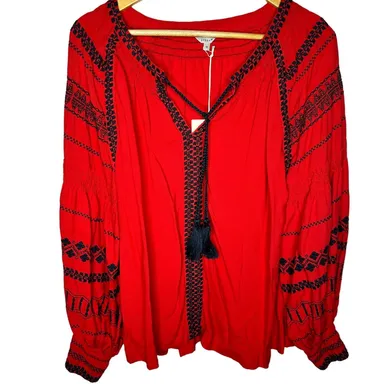 Jigsaw NWT Red Embroidered Braided Tassel Boho Light Blouse Medium Retail $125
