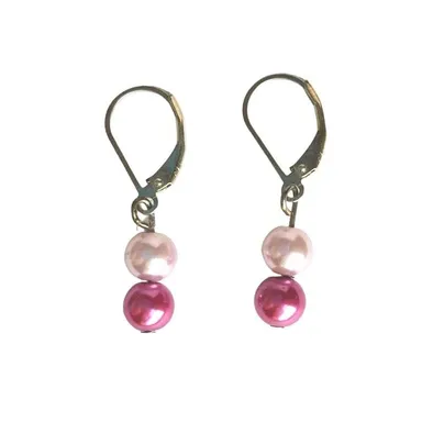 Light & Dark Pink Faux Pearl Dangle Earrings Sterling Silver 925 Lever Back