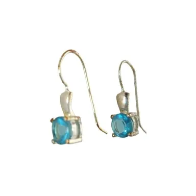 Round Cut Blue Tourmaline Dangle Earrings Signed Sterling Silver 925 Hook