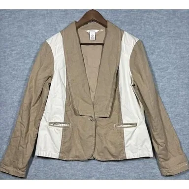 Sundance Women’s Blazer Jacket Sz M Linen Cotton Color Block Tan Ivory Career